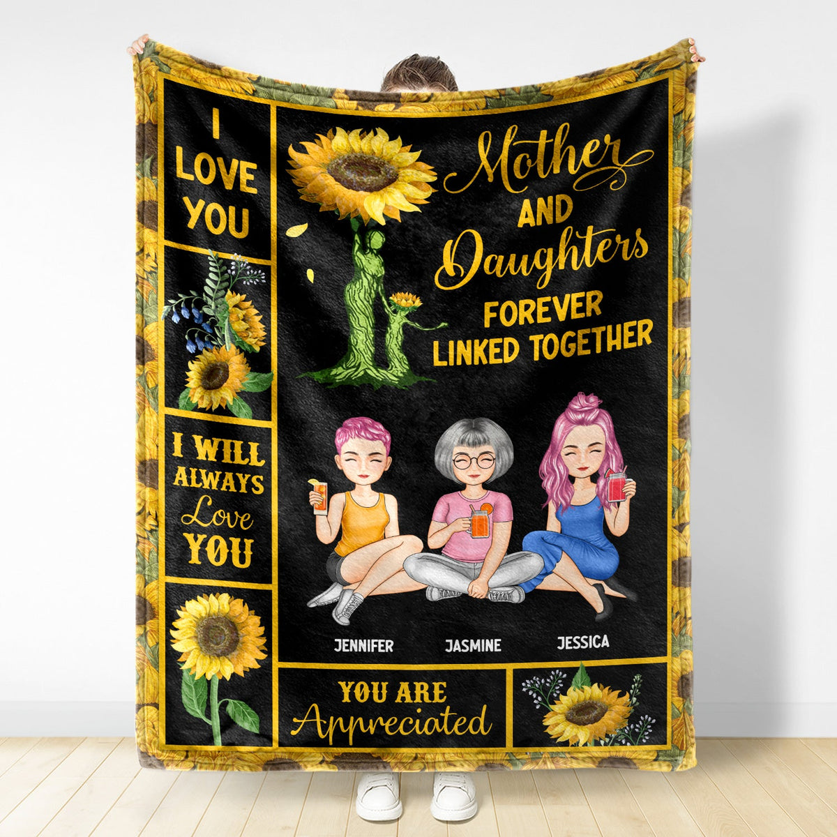 Mother & Children Sunflower Forever Linked Together - Gift For Mother - Personalized Fleece Blanket