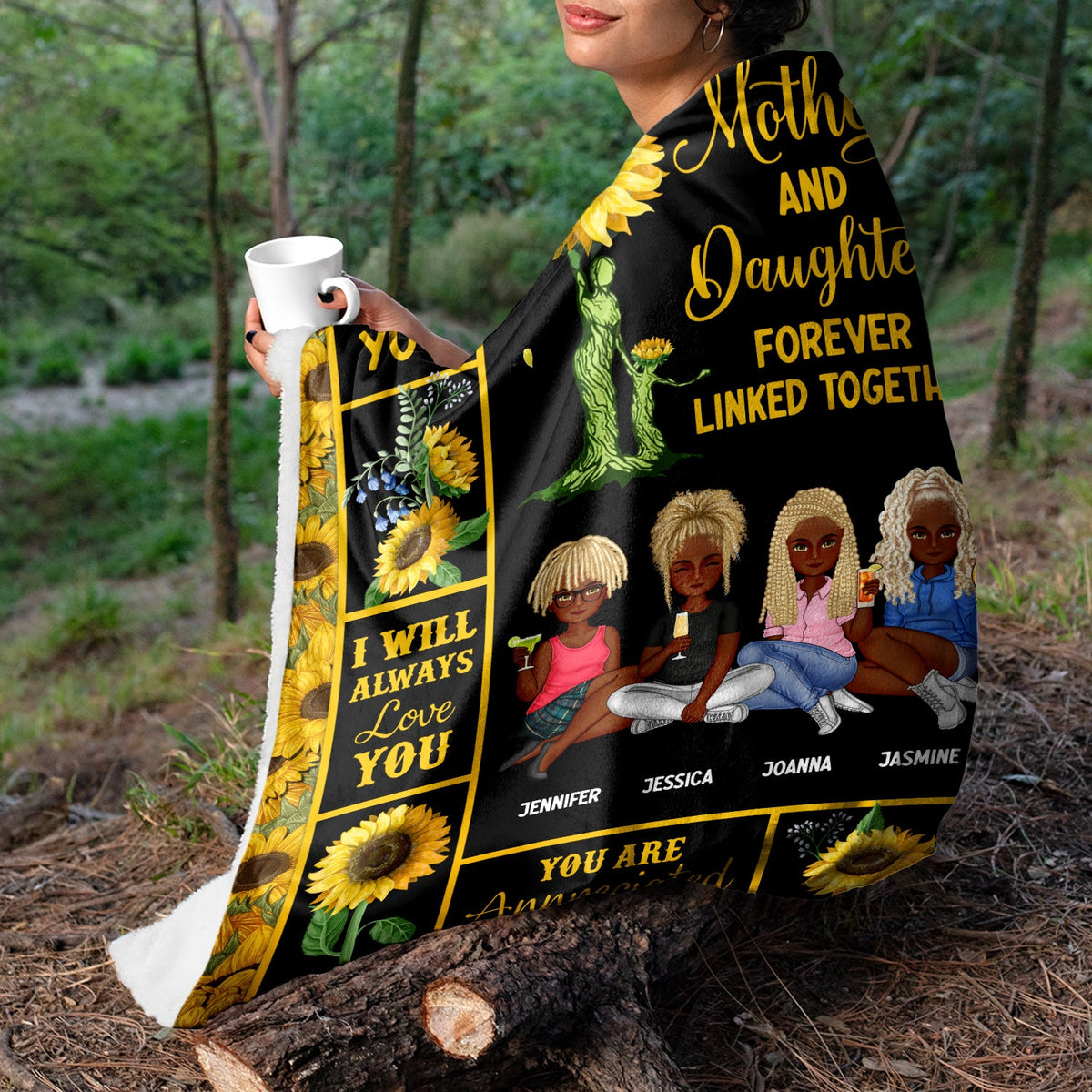 Mother & Children Sunflower Forever Linked Together - Gift For Mother - Personalized Fleece Blanket