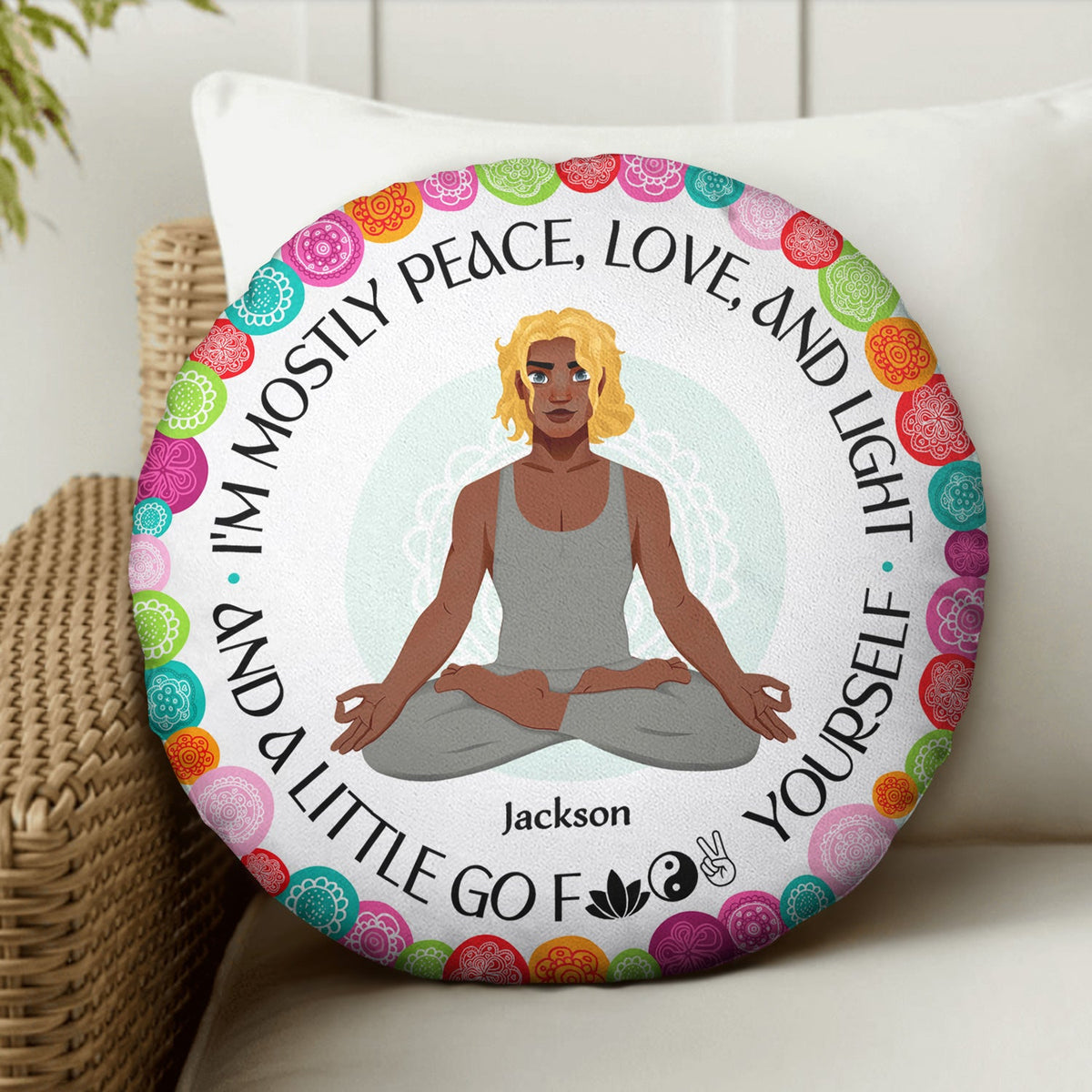 Peace, Love And Light - Gift For Yoga Lovers - Personalized Round Pillow