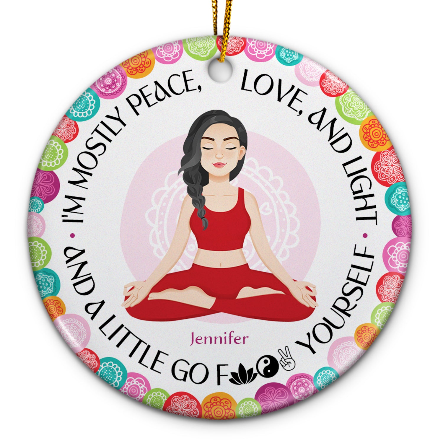Peace, Love And Light - Gift For Yoga Lovers - Personalized Circle Ceramic Ornament