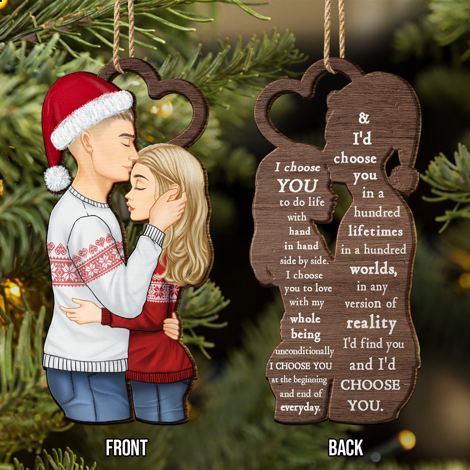 Christmas Couple Side View I Choose You - Gift For Couples - Personalized Wooden Ornament Print 2 Sides