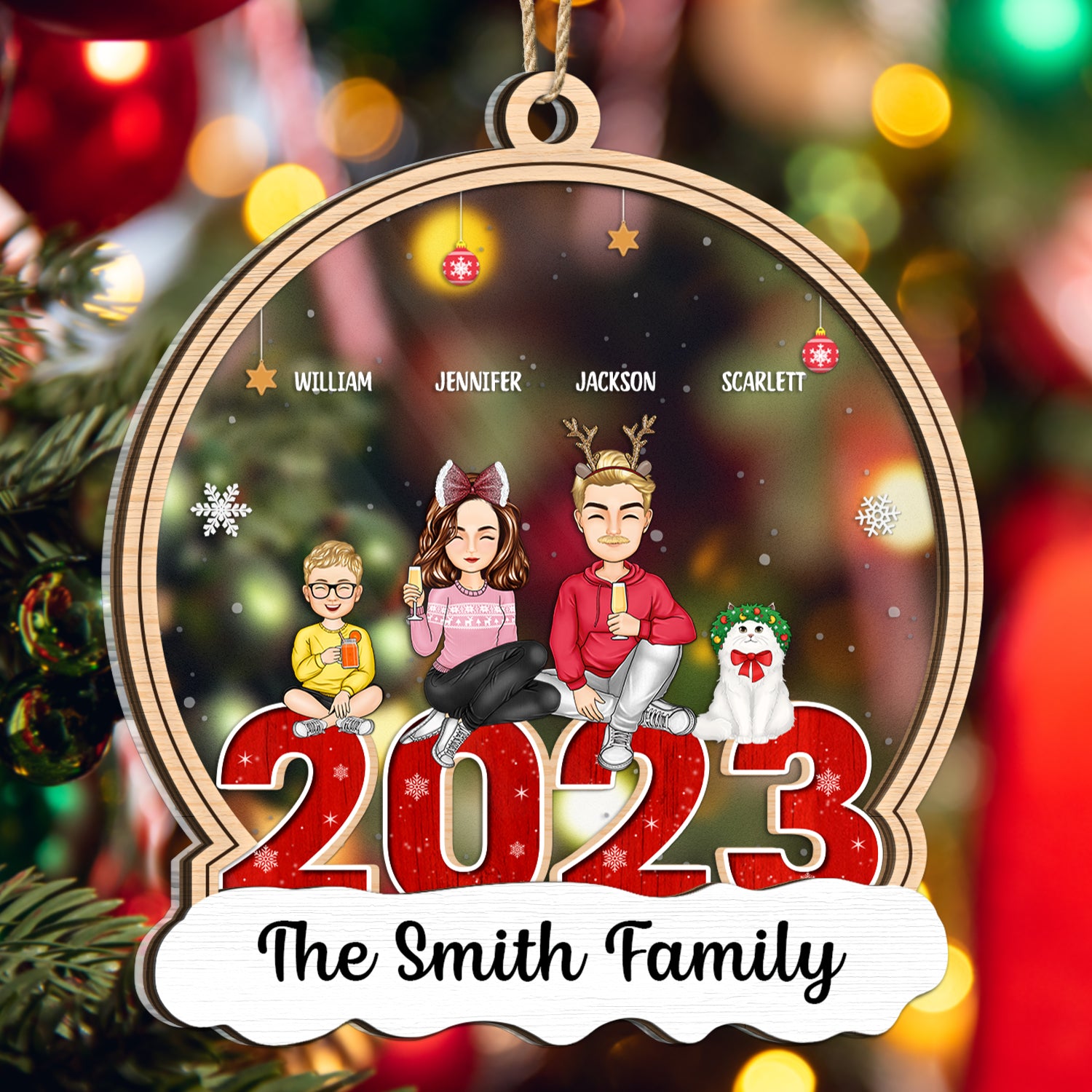 Christmas Family With Pets Custom Name - Gift For Family - Personalized 2-Layered Mix Ornament