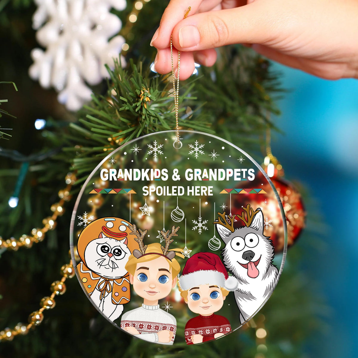 Christmas Grandkids & Grandpups Spoil Here - Gift For Grandparents - Personalized Circle Acrylic Ornament
