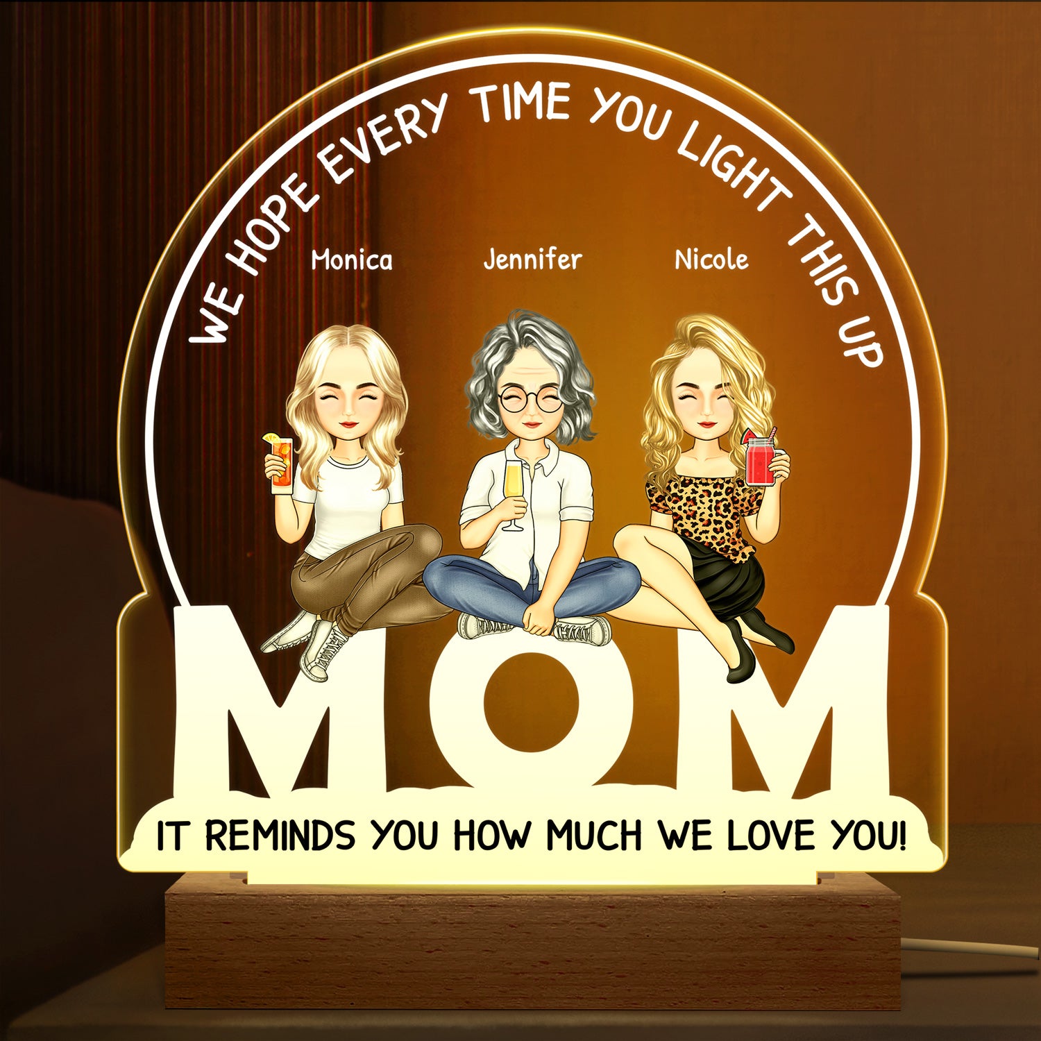 Cartoon Mom We Hope Everytime You Light This Up - Gift For Mom - Personalized 3D Led Light Wooden Base