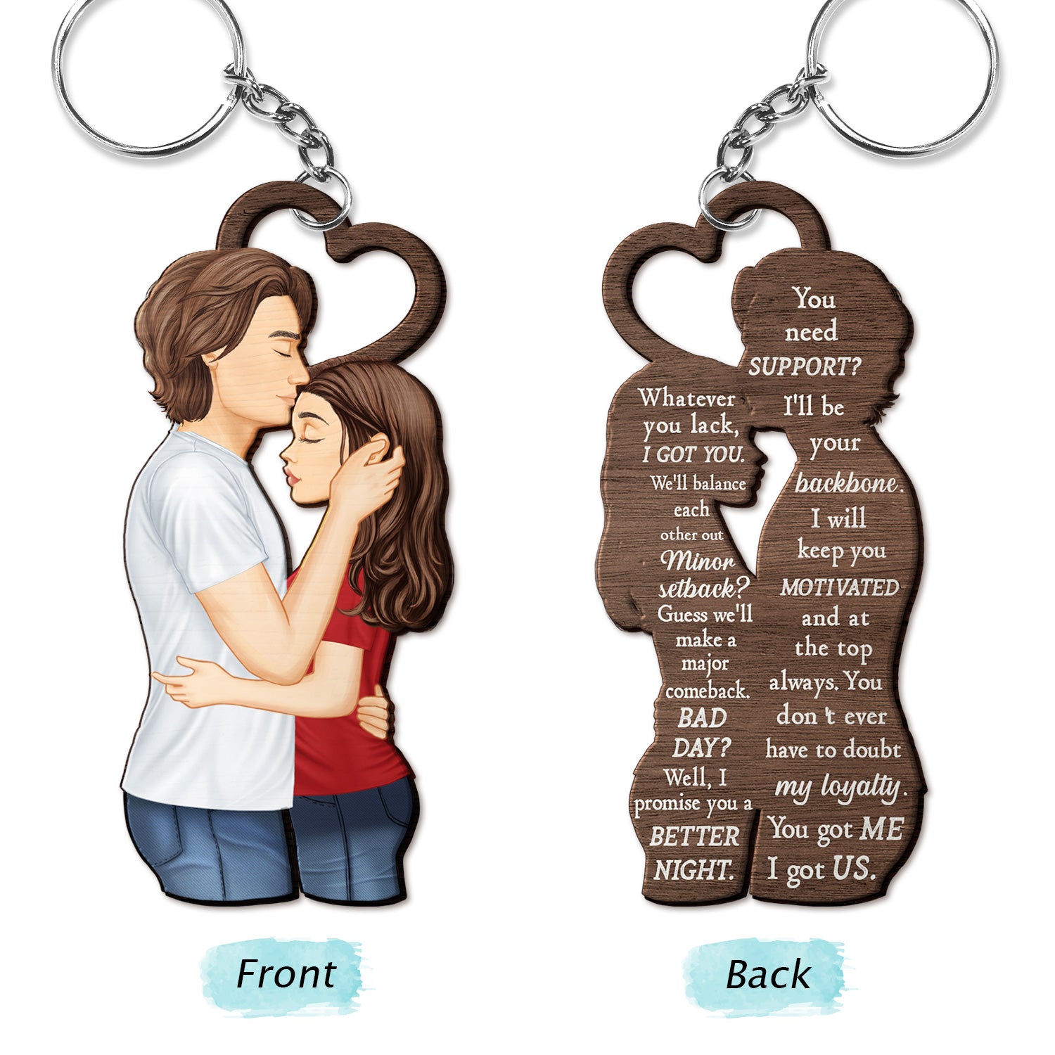 Couple Side View We're A Team - Gift For Couples - Personalized Cutout Wooden Keychain 2 Sides