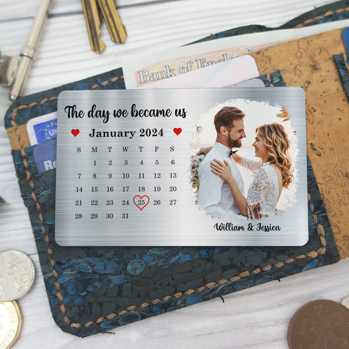 Photo personnalisée « Le jour où nous sommes devenus nous » - Cadeau pour couples - Carte portefeuille en aluminium personnalisée