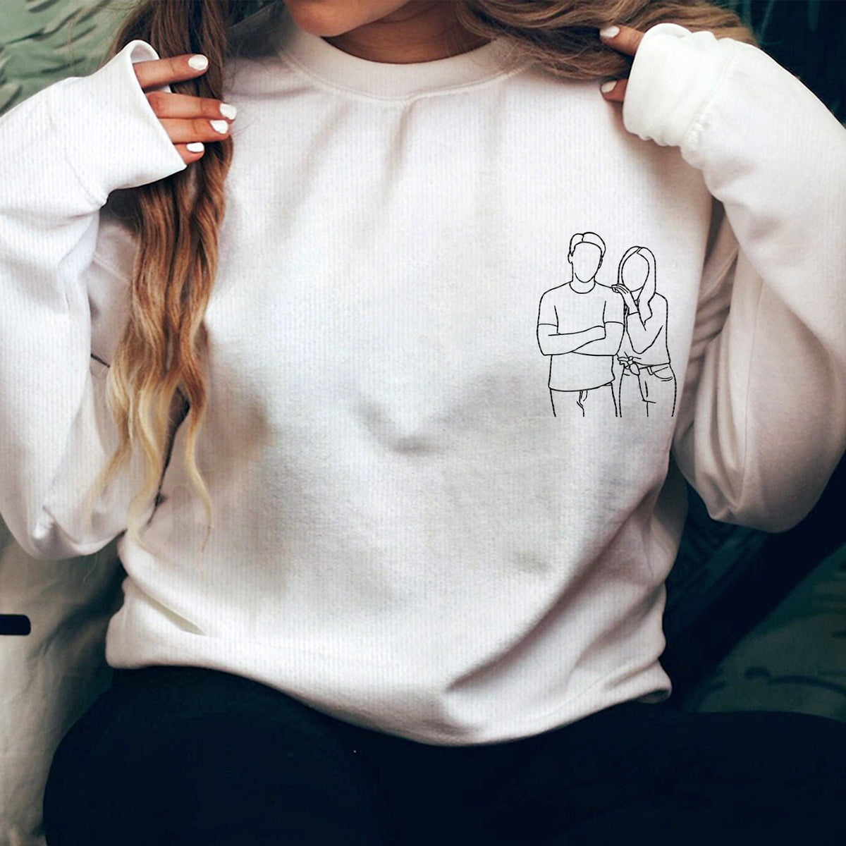 Portrait photo personnalisé sur une ligne - Cadeau pour vous-même, votre famille, vos couples, les amoureux des animaux - Sweat-shirt brodé personnalisé