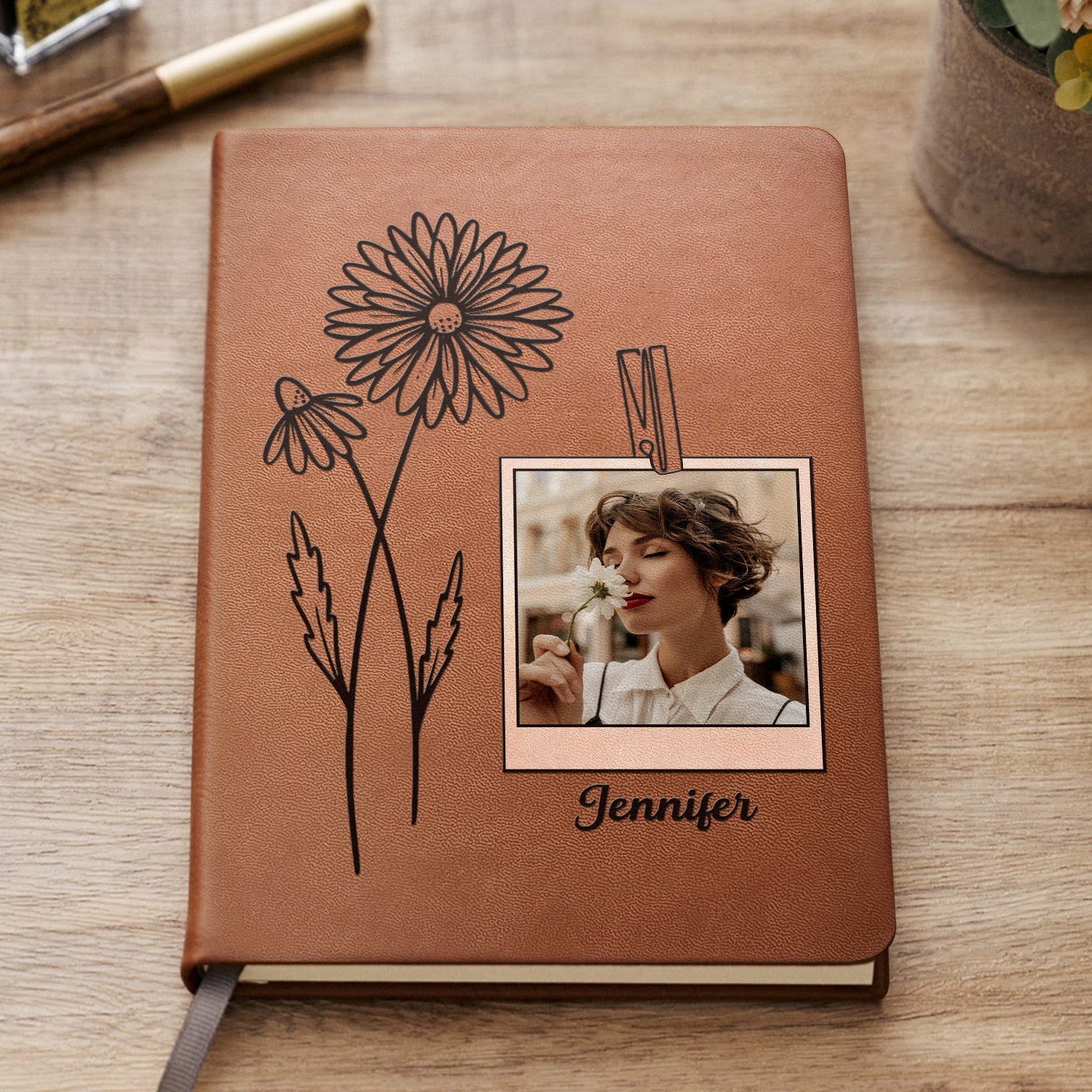 Custom Photo Birth Month Flowers Name - Gift For Yourself - Personalized Leather Journal