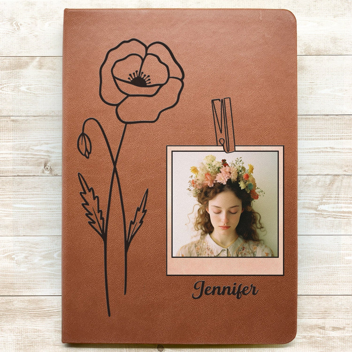 Custom Photo Birth Month Flowers Name - Gift For Yourself - Personalized Leather Journal