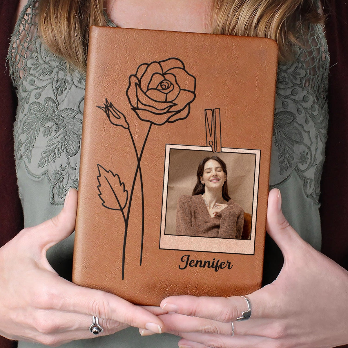 Custom Photo Birth Month Flowers Name - Gift For Yourself - Personalized Leather Journal