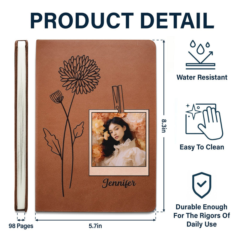 Custom Photo Birth Month Flowers Name - Gift For Yourself - Personalized Leather Journal