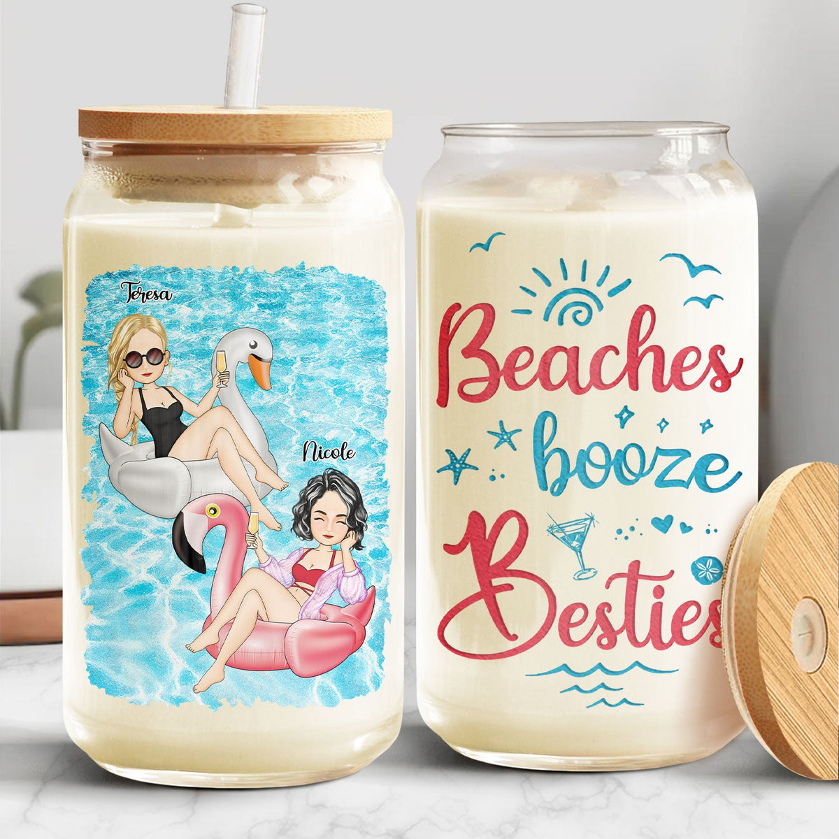 Bestie Beaches Booze &amp; Besties - Cadeau pour les meilleurs amis - Canette en verre transparent personnalisée