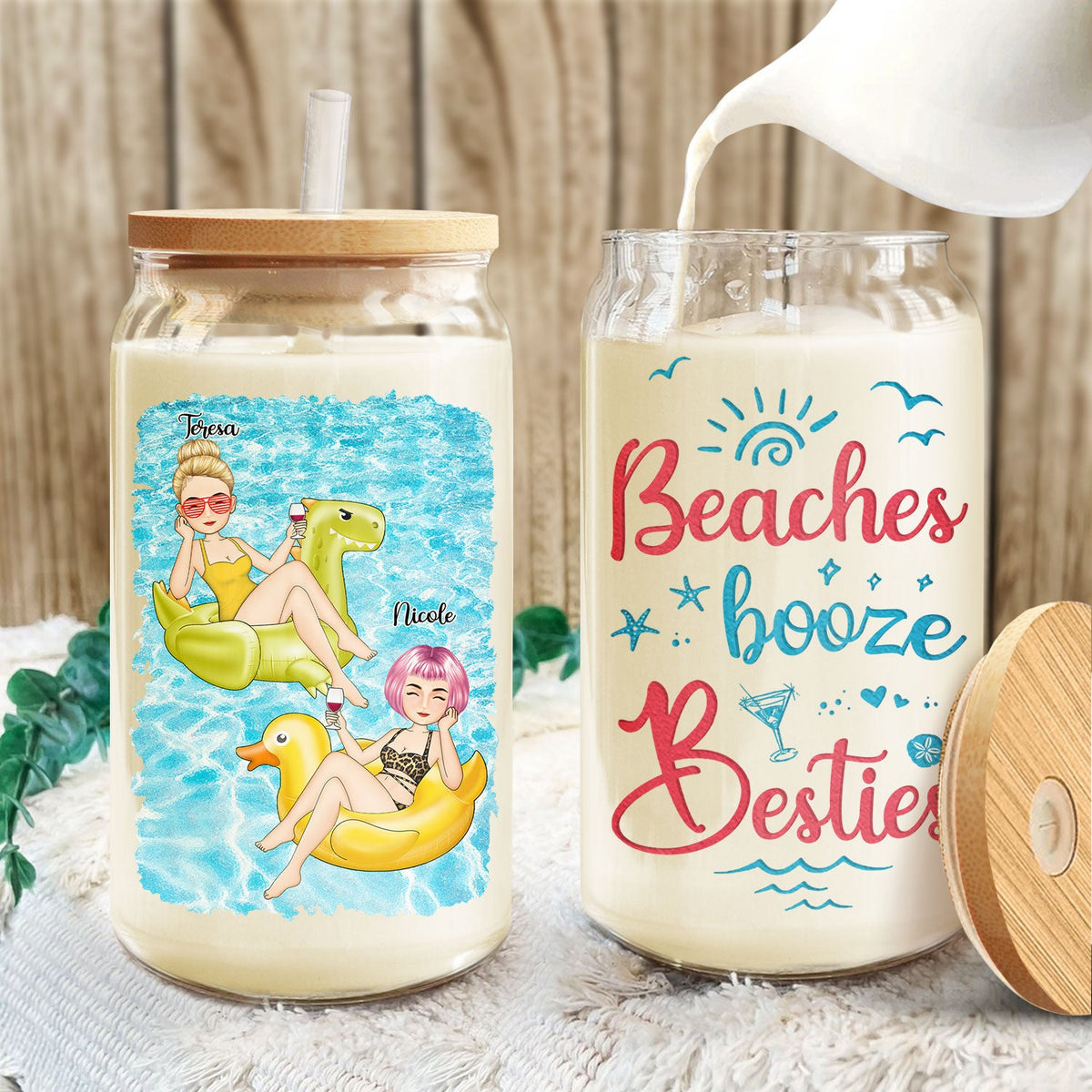Bestie Beaches Booze &amp; Besties - Cadeau pour les meilleurs amis - Canette en verre transparent personnalisée