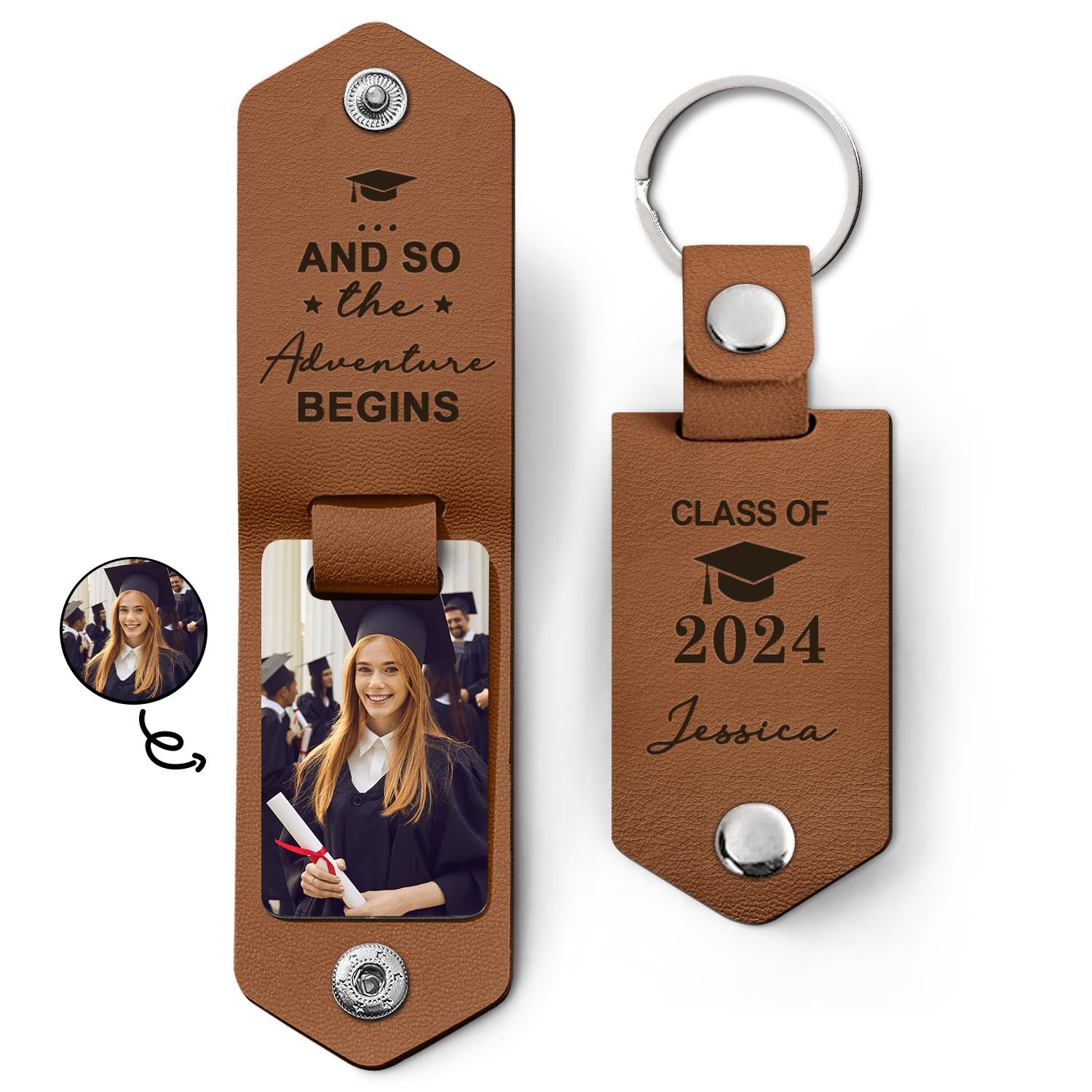 Custom Photo And So The Adventure Begins - Graduation Gift - Personalized Leather Photo Keychain