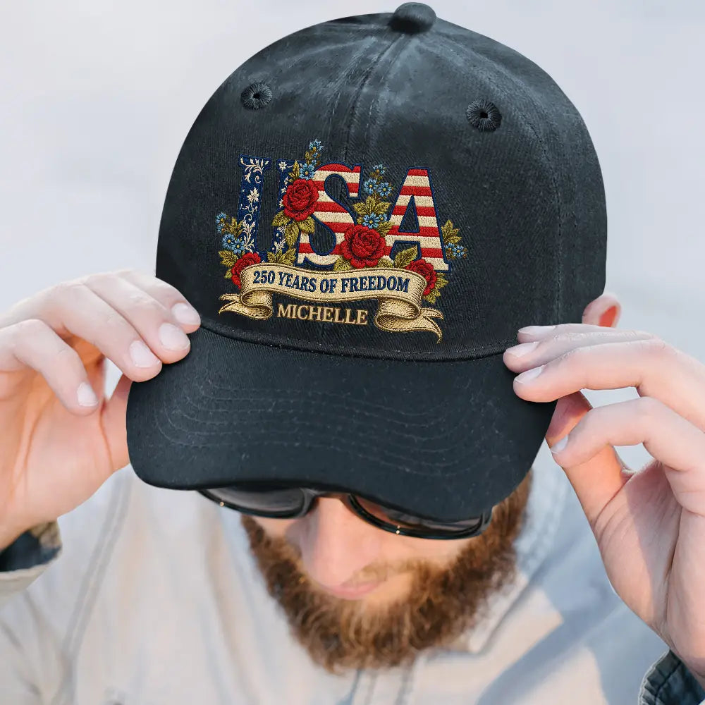 America 250th,Gift For Women,Happy,Gift For Mother,Gift For Grandma - Floral USA 250th Anniversary - Personalized Vintage Washed Denim Cap