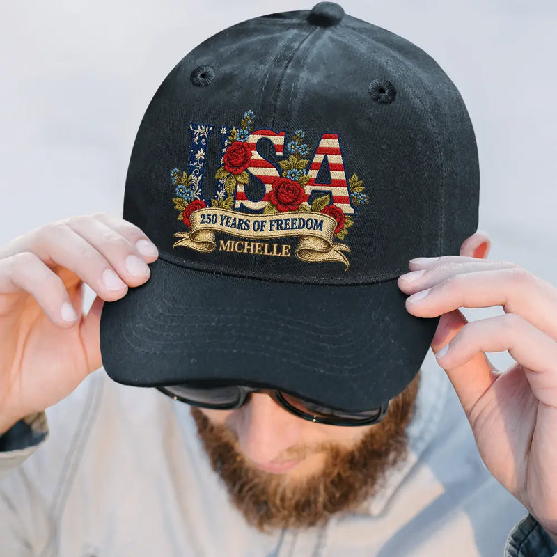 America 250th,Gift For Women,Happy,Gift For Mother,Gift For Grandma - Floral USA 250th Anniversary - Personalized Vintage Washed Denim Cap