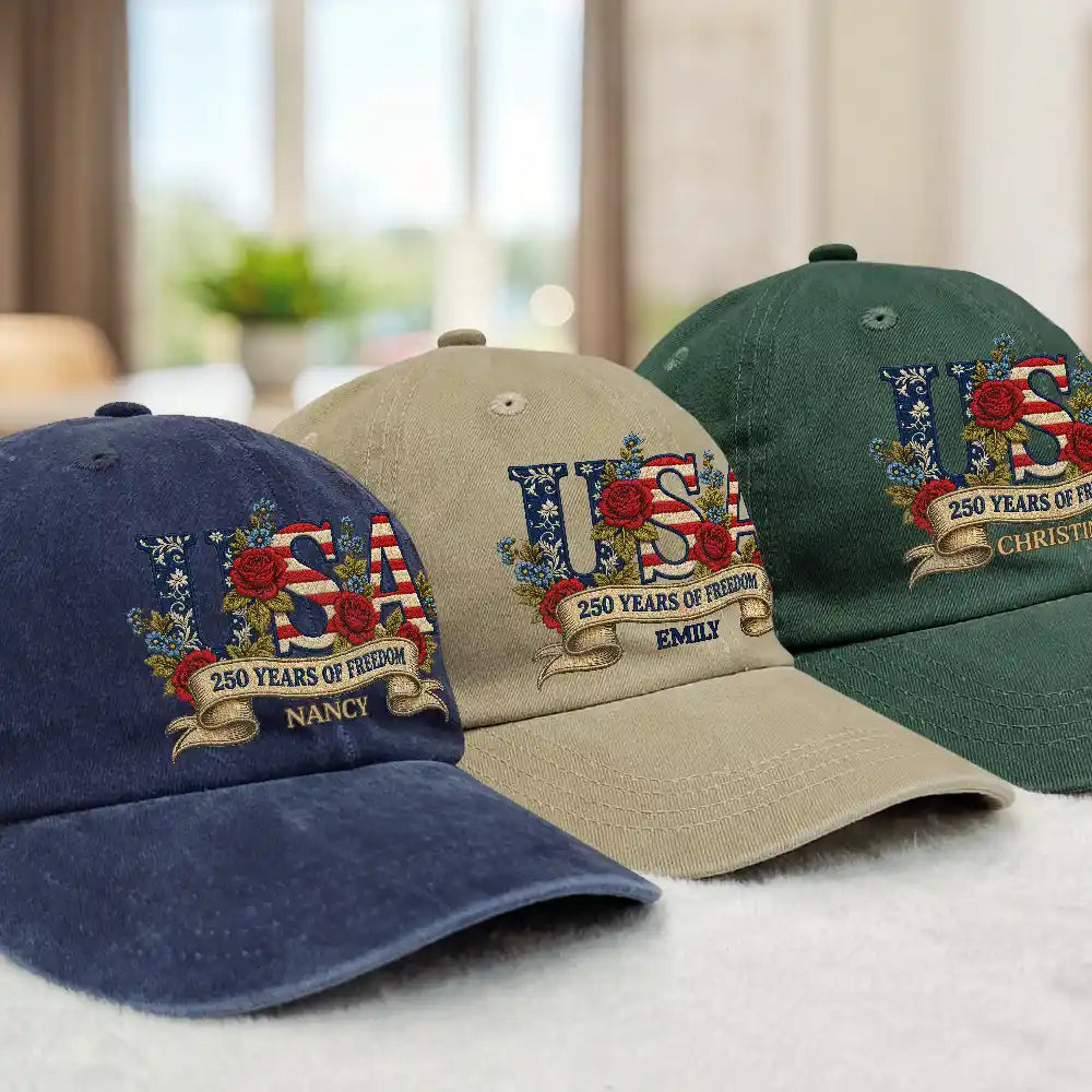 America 250th,Gift For Women,Happy,Gift For Mother,Gift For Grandma - Floral USA 250th Anniversary - Personalized Vintage Washed Denim Cap
