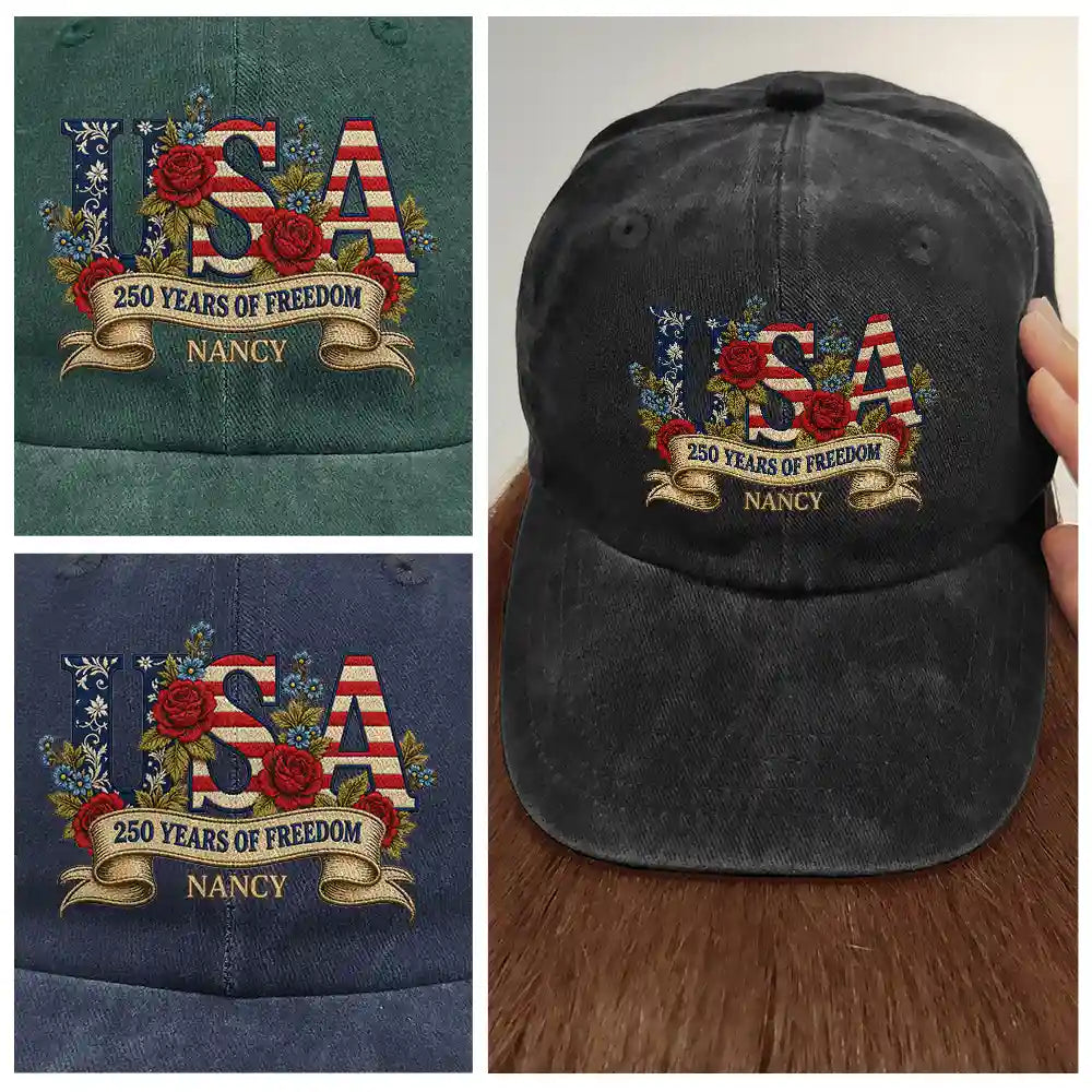 America 250th,Gift For Women,Happy,Gift For Mother,Gift For Grandma - Floral USA 250th Anniversary - Personalized Vintage Washed Denim Cap