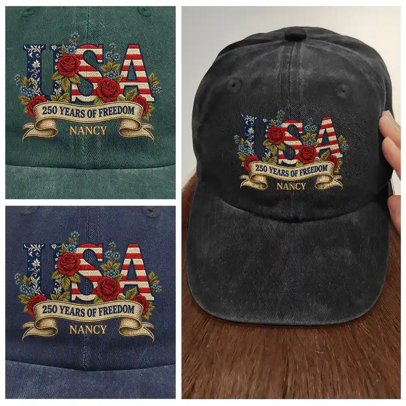 America 250th,Gift For Women,Happy,Gift For Mother,Gift For Grandma - Floral USA 250th Anniversary - Personalized Vintage Washed Denim Cap