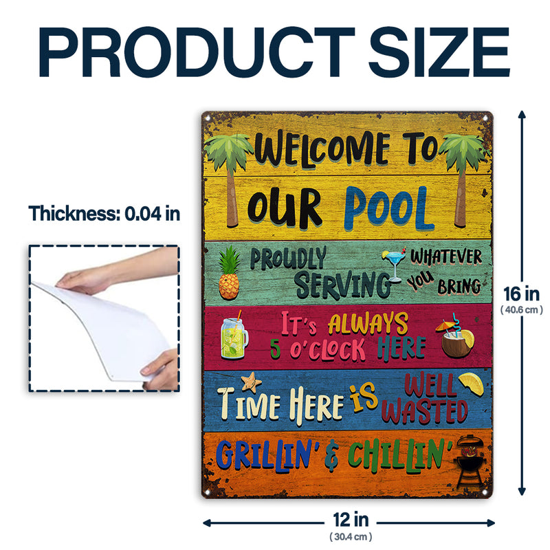 Cadeau Wander Prints pour les amateurs de piscine – Panneaux métalliques rustiques « Bienvenue dans notre piscine » – Décoration extérieure, été, barbecue, cadeau AZCS