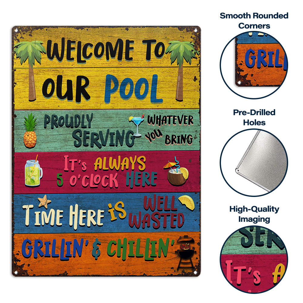 Cadeau Wander Prints pour les amateurs de piscine – Panneaux métalliques rustiques « Bienvenue dans notre piscine » – Décoration extérieure, été, barbecue, cadeau AZCS
