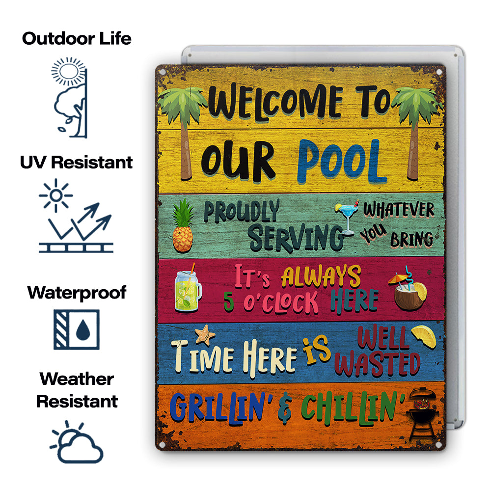 Cadeau Wander Prints pour les amateurs de piscine – Panneaux métalliques rustiques « Bienvenue dans notre piscine » – Décoration extérieure, été, barbecue, cadeau AZCS