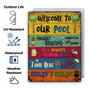 Cadeau Wander Prints pour les amateurs de piscine – Panneaux métalliques rustiques « Bienvenue dans notre piscine » – Décoration extérieure, été, barbecue, cadeau AZCS