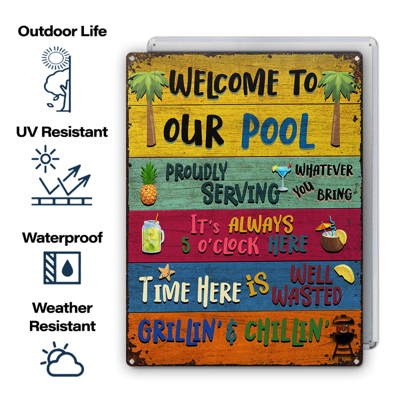 Cadeau Wander Prints pour les amateurs de piscine – Panneaux métalliques rustiques « Bienvenue dans notre piscine » – Décoration extérieure, été, barbecue, cadeau AZCS