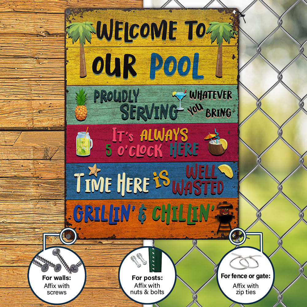 Cadeau Wander Prints pour les amateurs de piscine – Panneaux métalliques rustiques « Bienvenue dans notre piscine » – Décoration extérieure, été, barbecue, cadeau AZCS