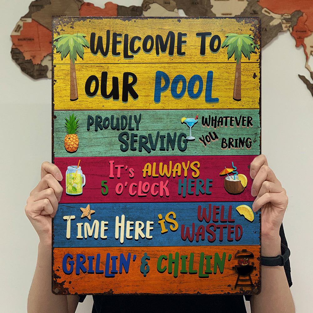 Cadeau Wander Prints pour les amateurs de piscine – Panneaux métalliques rustiques « Bienvenue dans notre piscine » – Décoration extérieure, été, barbecue, cadeau AZCS