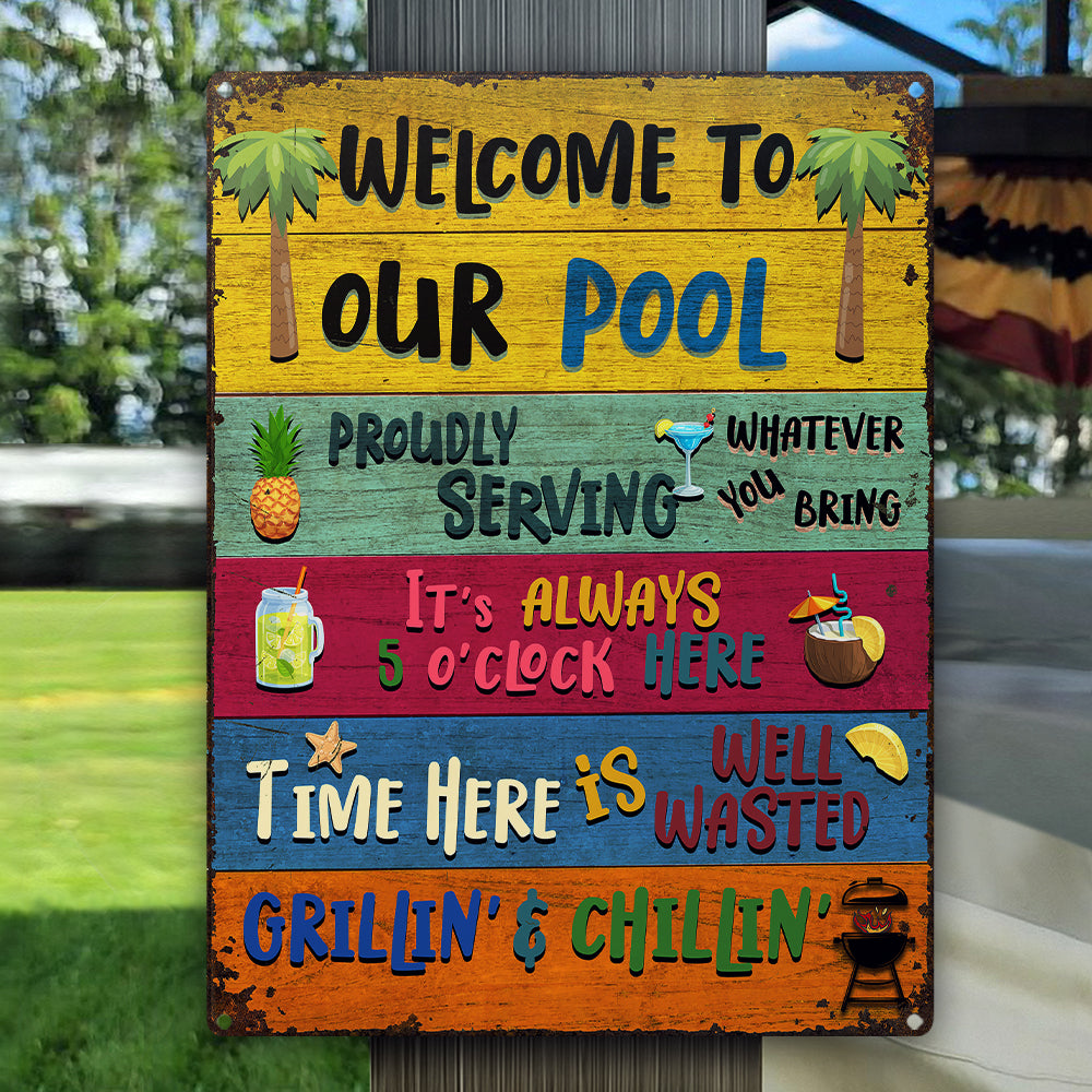Cadeau Wander Prints pour les amateurs de piscine – Panneaux métalliques rustiques « Bienvenue dans notre piscine » – Décoration extérieure, été, barbecue, cadeau AZCS