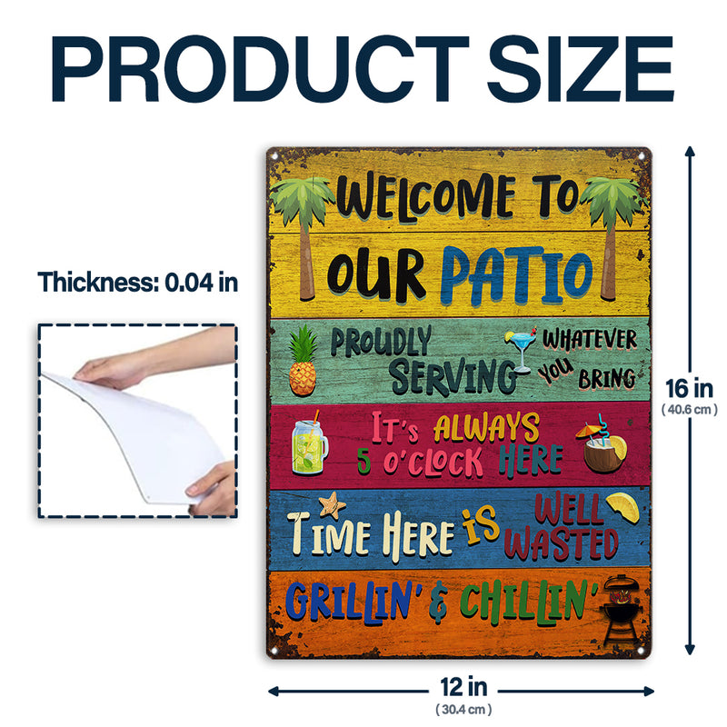 Impressions Wander, cadeau pour les amoureux de la terrasse – Panneaux métalliques rustiques « Bienvenue sur notre terrasse » – Décoration extérieure, été, barbecue, cadeau AZCS