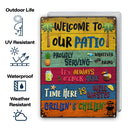 Impressions Wander, cadeau pour les amoureux de la terrasse – Panneaux métalliques rustiques « Bienvenue sur notre terrasse » – Décoration extérieure, été, barbecue, cadeau AZCS