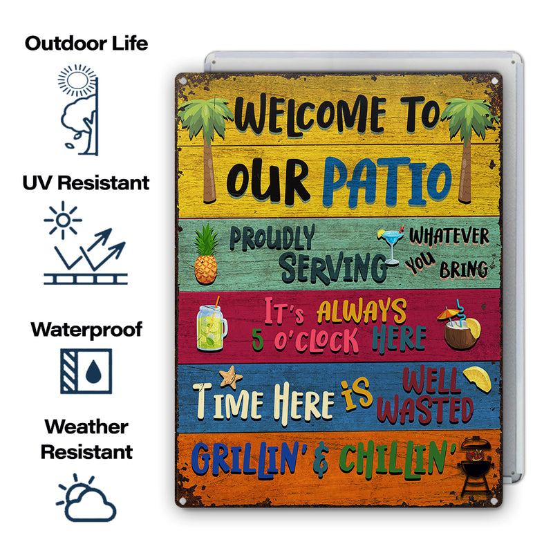 Impressions Wander, cadeau pour les amoureux de la terrasse – Panneaux métalliques rustiques « Bienvenue sur notre terrasse » – Décoration extérieure, été, barbecue, cadeau AZCS