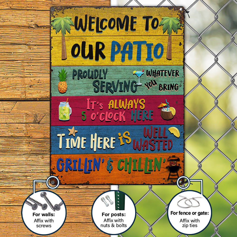 Impressions Wander, cadeau pour les amoureux de la terrasse – Panneaux métalliques rustiques « Bienvenue sur notre terrasse » – Décoration extérieure, été, barbecue, cadeau AZCS