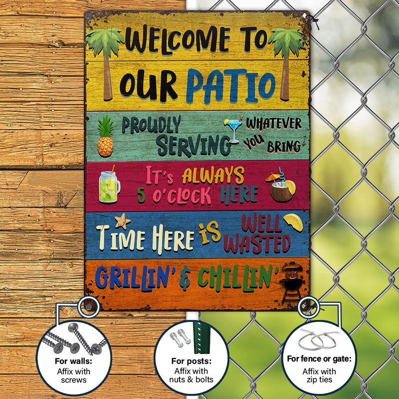 Impressions Wander, cadeau pour les amoureux de la terrasse – Panneaux métalliques rustiques « Bienvenue sur notre terrasse » – Décoration extérieure, été, barbecue, cadeau AZCS