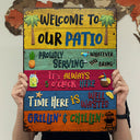 Impressions Wander, cadeau pour les amoureux de la terrasse – Panneaux métalliques rustiques « Bienvenue sur notre terrasse » – Décoration extérieure, été, barbecue, cadeau AZCS