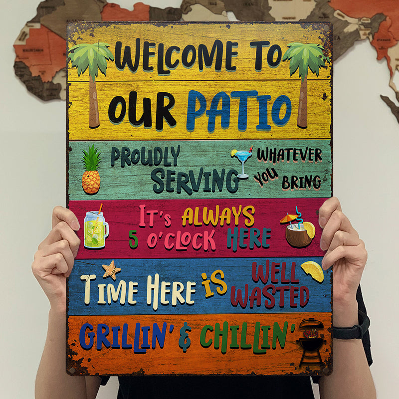 Impressions Wander, cadeau pour les amoureux de la terrasse – Panneaux métalliques rustiques « Bienvenue sur notre terrasse » – Décoration extérieure, été, barbecue, cadeau AZCS