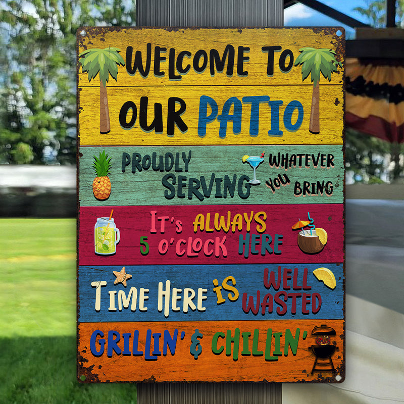 Impressions Wander, cadeau pour les amoureux de la terrasse – Panneaux métalliques rustiques « Bienvenue sur notre terrasse » – Décoration extérieure, été, barbecue, cadeau AZCS