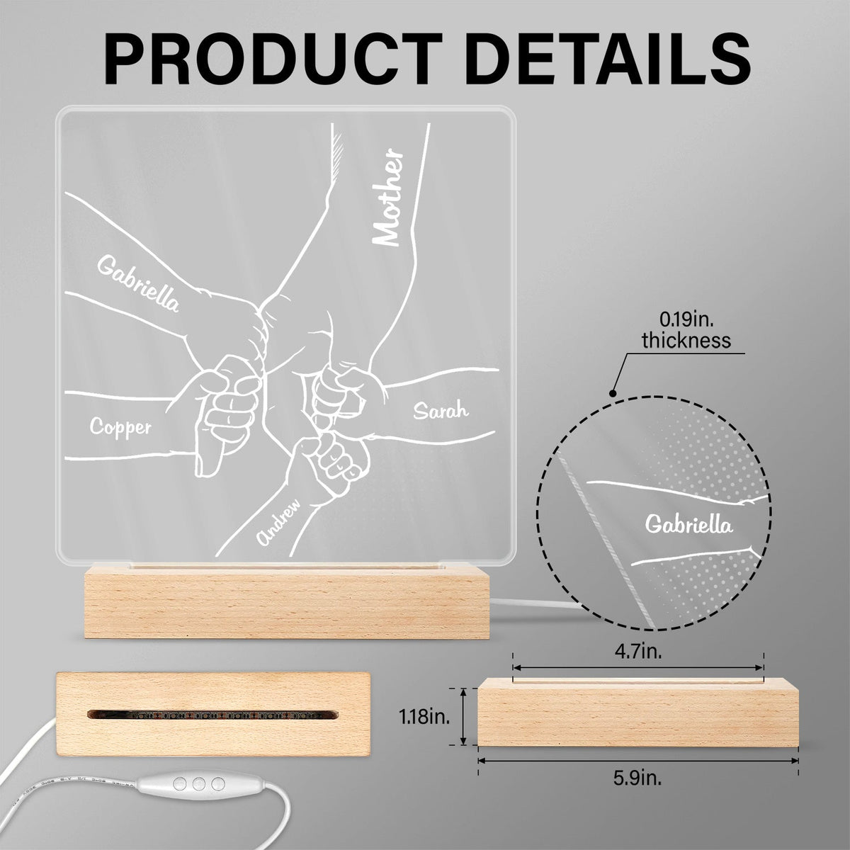 Hand In Hand, I Will Always Protect You - Birthday, Loving Gift For Mom, Dad, Papa, Nana, Grandma, Grandpa - Personalized Custom 3D Led Light Wooden Base