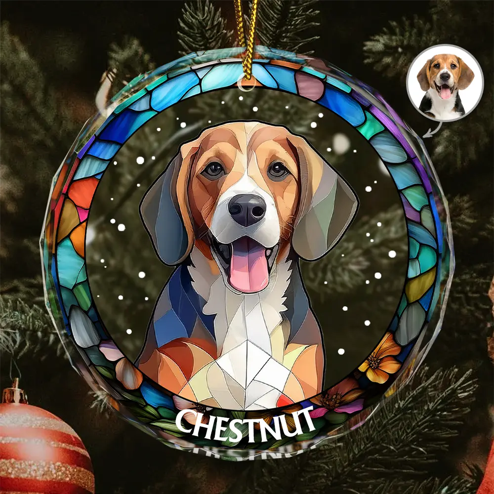 Portrait photo personnalisé chien chat famille Noël - Ornement en verre rond personnalisé 