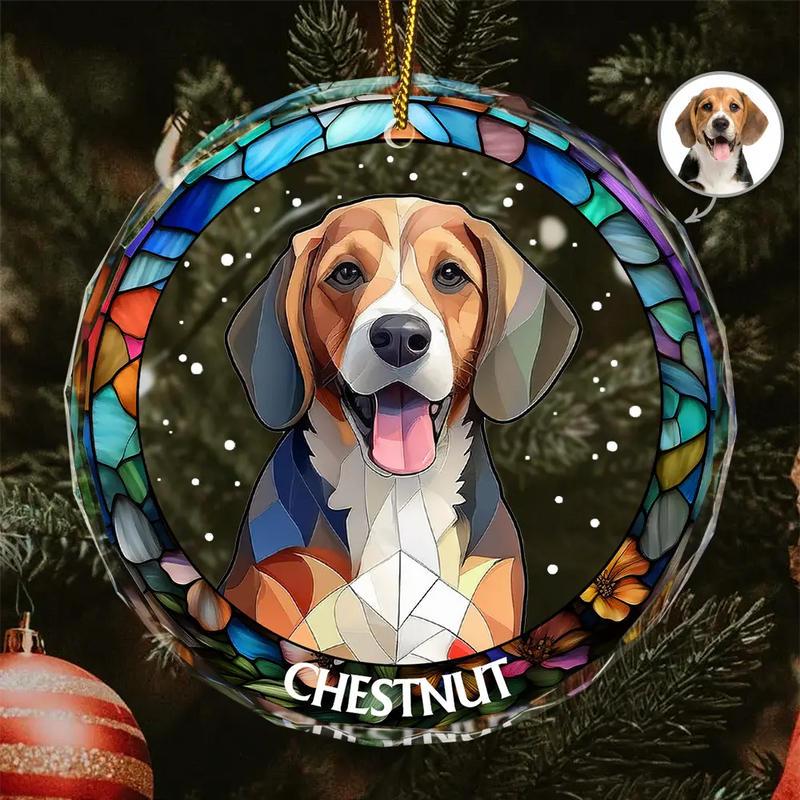 Portrait photo personnalisé chien chat famille Noël - Ornement en verre rond personnalisé 