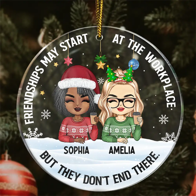 Friendships May Start At The Workplace Christmas Colleagues Chibi - Personalized Circle Acrylic Ornament