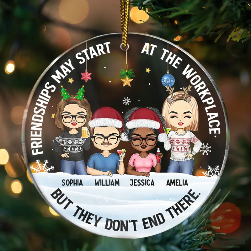 Friendships May Start At The Workplace Christmas Colleagues Chibi - Personalized Circle Acrylic Ornament