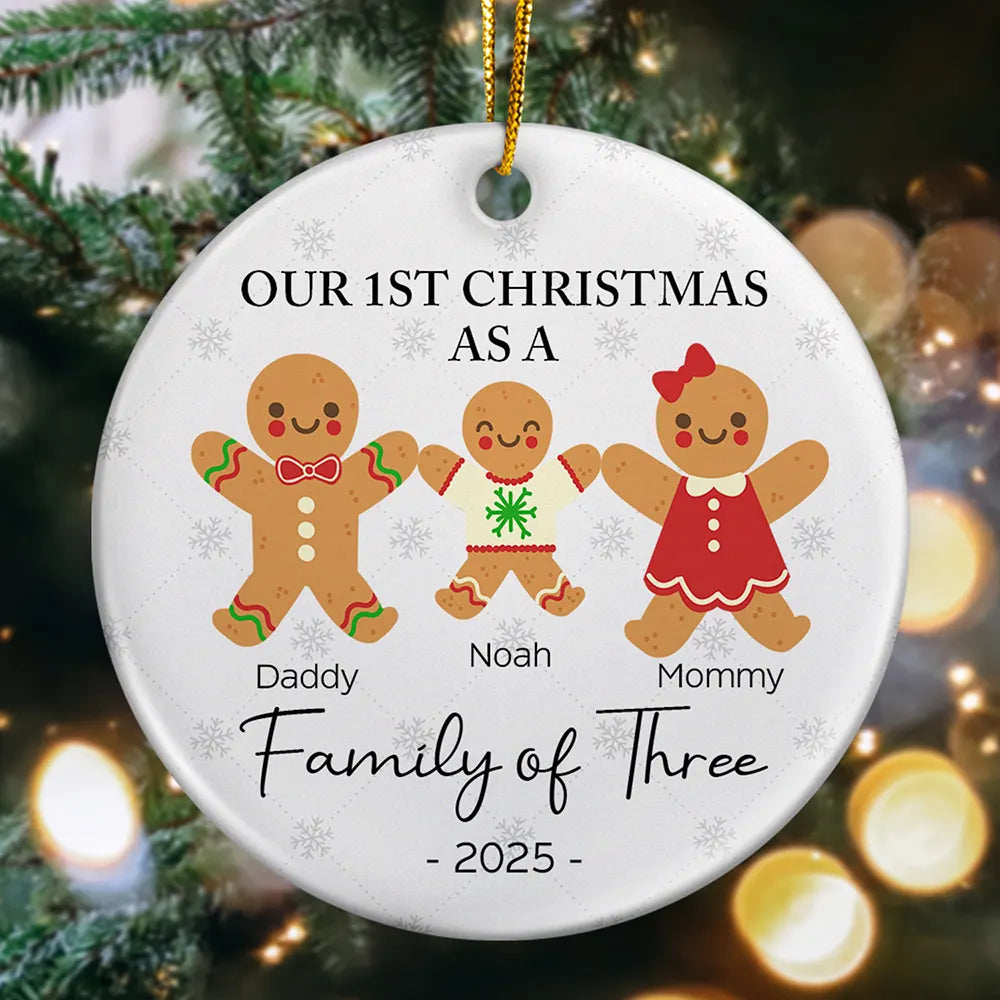 First Christmas As A Family Of Three Gingerbread - Personalized Circle Ceramic Ornament