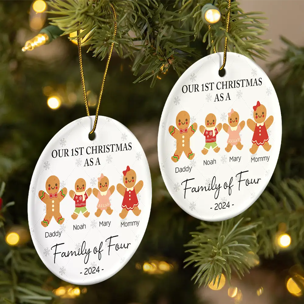 First Christmas As A Family Of Three Gingerbread - Personalized Circle Ceramic Ornament
