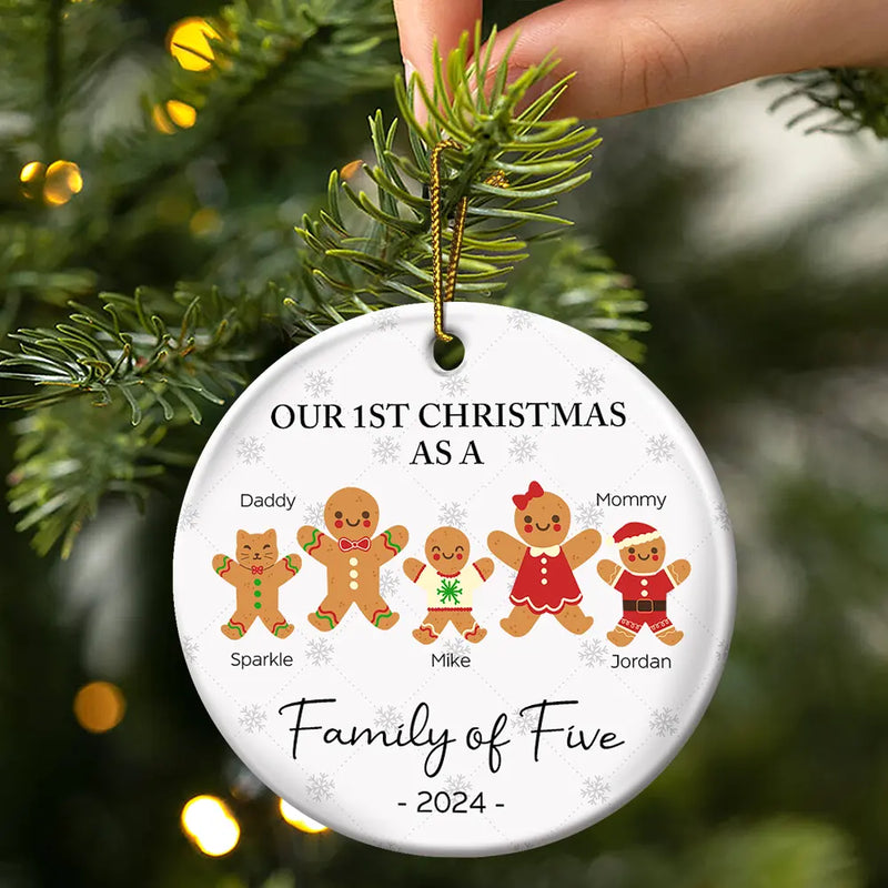 First Christmas As A Family Of Three Gingerbread - Personalized Circle Ceramic Ornament