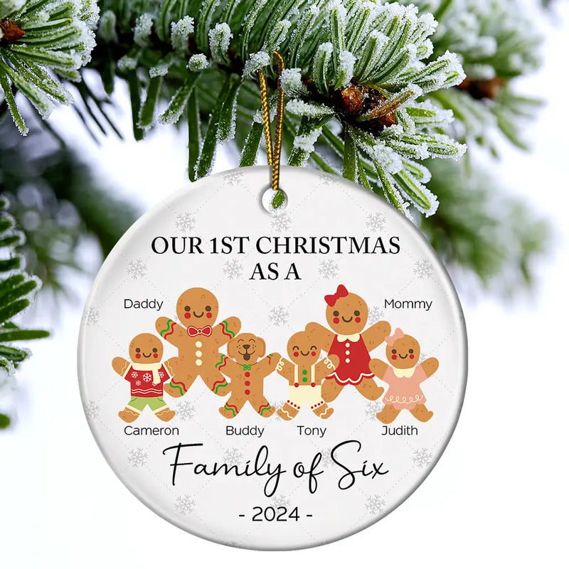 First Christmas As A Family Of Three Gingerbread - Personalized Circle Ceramic Ornament