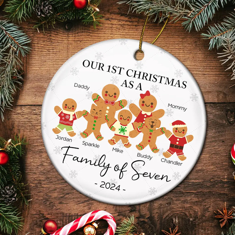 First Christmas As A Family Of Three Gingerbread - Personalized Circle Ceramic Ornament
