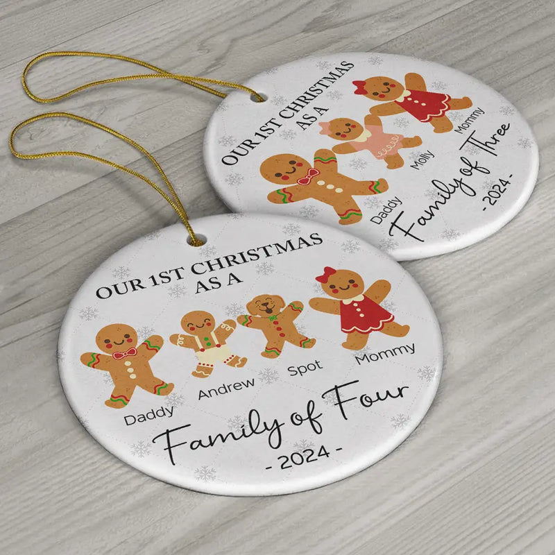 First Christmas As A Family Of Three Gingerbread - Personalized Circle Ceramic Ornament